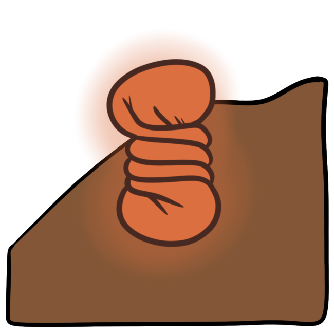 A twisted glowing orange wrinkled blob. Curved medium brown skin fills the bottom half of the background.